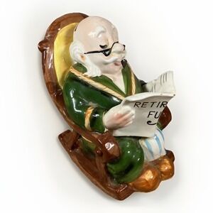 Lefton Vintage Piggy Bank Retirement Fund Old Man Grandpa in Rocking Chair